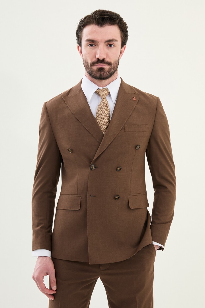 Brown Color Classic Double Breasted Wool Men's Suit
