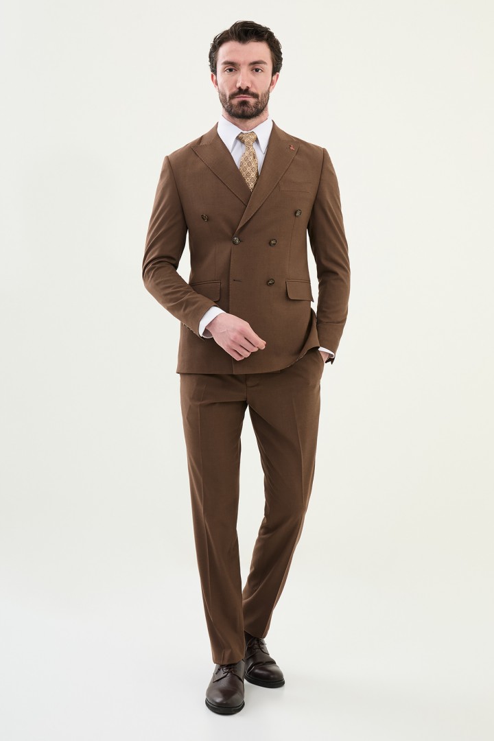 Brown Color Classic Double Breasted Wool Men's Suit