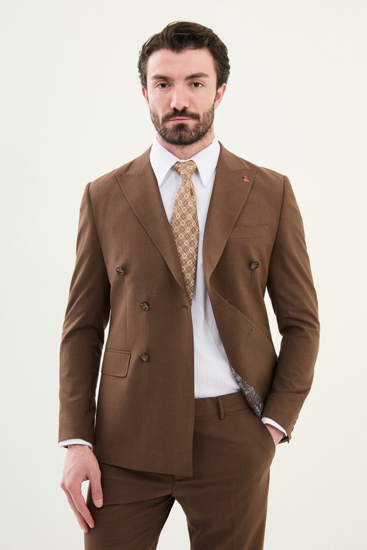 Brown Color Classic Double Breasted Wool Men's Suit