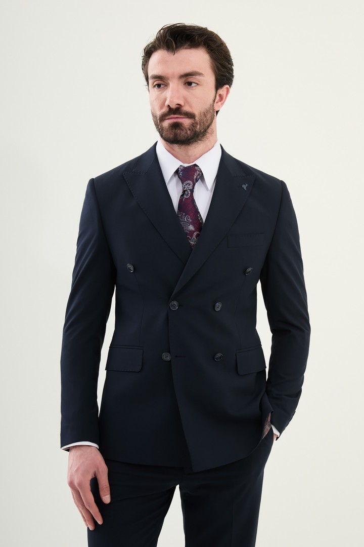 Dark Blue Color Classic Double Breasted Wool Men's Suit