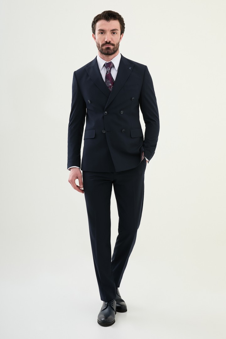 Dark Blue Color Classic Double Breasted Wool Men's Suit