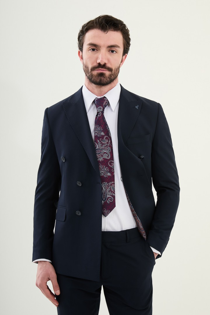 Dark Blue Color Classic Double Breasted Wool Men's Suit